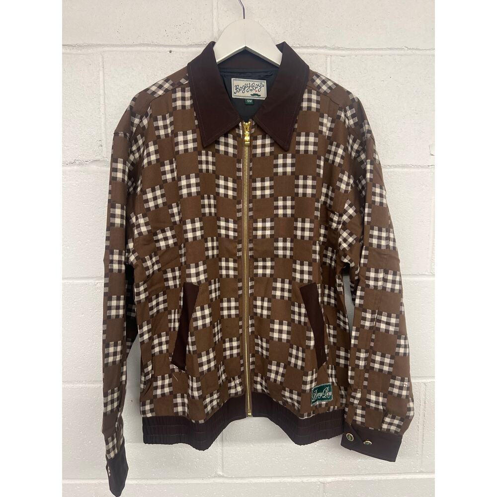 Bogey Boys Sz SM Brown Big Check Full Zip Collared Bomber Jacket - Picture 4 of 7
